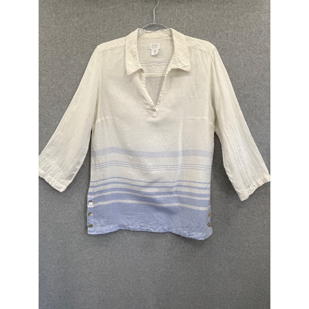 Sigrid Olsen Tunic Top Womens Medium White Blue Striped Linen 3/4 Sleeve V-Neck